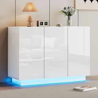 Merax Buffetschrank Sideboard Weiß Hochglanz, Moderne Vorratsschrank mit LED Beleuchtung, Esszimmerschrank mit 3 Türen, Mehrzweckschrank für Wohnzimmer, Schlafzimmer, Flur, verstellbare Regale, 120cm