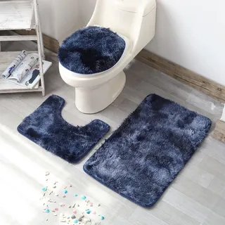 Badteppich-Set aus besonders weichem Chenille, rutschfeste Unterseite, saugfähige Fußmatten, inkl. Kontur und Deckelbezug, Blau, 3 Stück