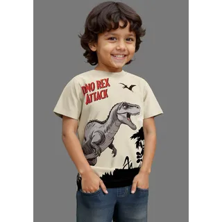 Kidsworld T-Shirt KIDSWORLD "Druck: DINO REX ATTACK", Jungen, Gr. 104/110, beige, Single Jersey, Obermaterial: 100% Baumwolle, bedruckt, Basic, Rundhals, Shirts T-Shirt, mit großem Saum-Druck