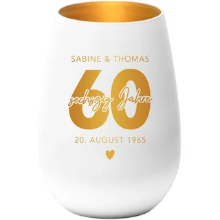 Geschenk Diamantene Hochzeit personalisiert Windlicht Glas mit Gravur Hochzeitstag Geschenk Hochzeit Jubiläum 60 Jahre | Weiß