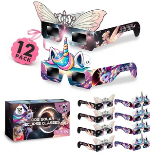 Galaxium Sonnenfinsternisbrillen Kinder 2026 | 12er-Pack Einhorn & Prinzessinnen-Design | ISO 12312-2 Zertifiziert | Sonnenfinsternisbrillen für Mädchen