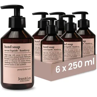 Jean & Len Handseife Pfingstrose & Litschi, im Set, reinigt Hände sanft, Flüssigseife im Pumpspender für geschmeidig-weiche Hände, blumig-zarter Duft, ohne Parabene & Silikone, vegan, 6 x 250 ml