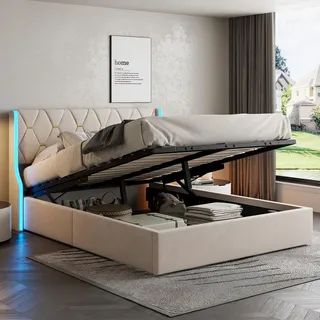 Polsterbett 160x200 cm mit hydraulischem Bettkasten, LED & Lattenrost, Beige – Fortuna Lai - Beige