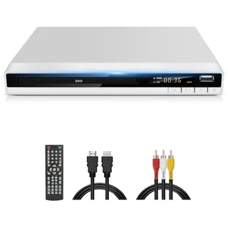 DVD Player für Fernseher, Regionsfrei DVD Spieler mit HDMI AV Ausgang Kabel Enthalten, 1080P DVD-CD-Player mit USB Eingang, Alle Regionen Frei, Fehler Korrektur, Integriertes PAL NTSC-System (Weiß)