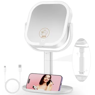 Youtelit Schminkspiegel mit Beleuchtung, 20fache Vergrößerungsspiegel mit Licht, Abnehmbarer Kosmetikspiegel mit Beleuchtung und Vergrößerung, 3 Farben Dimmbar Doppelseitig Tischspiegel 360° Drehbar