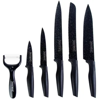 ROYALTY LINE, RLMB5, Set mit 5 Küchenmessern aus antihaftbeschichtetem Edelstahl mit ergonomischen Griffen, modernes Design, leicht zu reinigen – Schwarz, Standardgröße