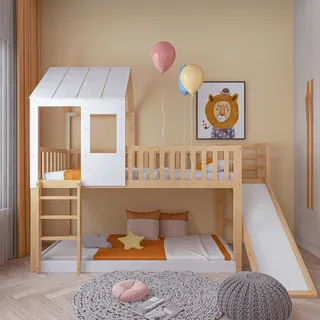 Merax Hochbett 90x200cm, Hausbett Etagenbett für Kinder mit Leiter und Rutsche, Kinderbett mit Rausfallschutz und Lattenrost, Spielbett mit Dach und Fenster, Rahmen aus Kiefer, Jugendbett, Natur&Weiß