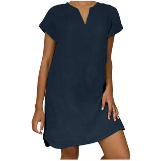 Leinenkleid Damen Kurzarm Sommerkleid Knielang Schlanke Leinenkleider Casual Blusenkleid Baumwolle Leinen Freizeitkleid V-Ausschnitt Strandkleider A-Linie Kleid Luftige Leinen Kleidung - L