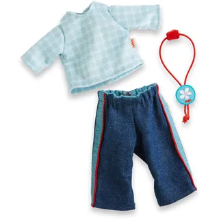 HABA 306518 - Puppen-Kleiderset Jeans, blau, 3-teilig, Puppenkleidung für Puppen von 30 cm