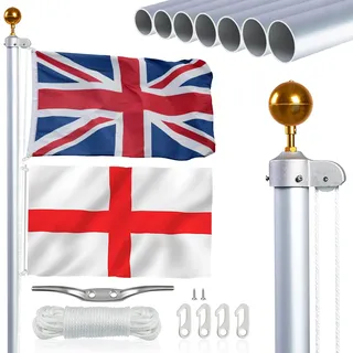 NQ 6 m Flaggenmasten für den Garten, zusammensetzbares schweres Aluminium-Flaggenmast-Set mit UK-Flagge, Flaggenmast-Oberteil, Flaggenseil, Außen-Boden-Flaggenmast für den Hof, Wohn- und