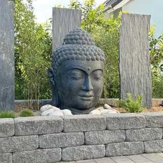 Oriental Galerie Buddha Kopf Figur Skulptur Stein Lavasand Bali Steinfigur Gartenfigur Buddhakopf Garten Deko 100 cm