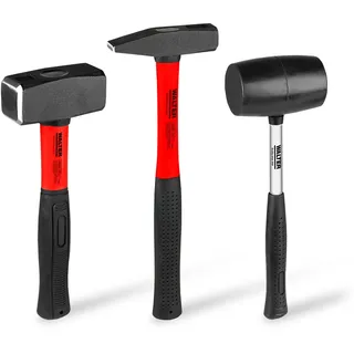 WALTER Hammer-Set 3-tlg., Schlosserhammer, 300, 300, 1000, Gummischonhammer, Gummi Gleitschutzgriffe, Fieberglasstiele, ergonomisch geformt, sichere Handhabung, vielseitig einsetzbar