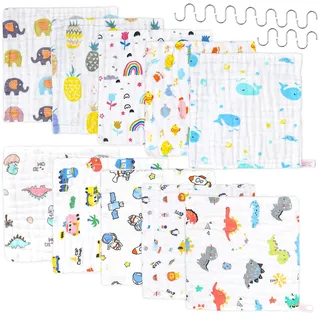 10 Stück Spucktücher Baby Musselintücher - Spucktücher Baby Reine Baumwolle mit Haken, SaugfäHig Atmungsaktiv Wickeltücher Waschlappen Weiche für Jungen Mädchen Reinigen und Abwischen von Neugeborenen