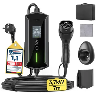 Typ 2 Ladekabel Schuko 3,7kW - 7m|6-16A|1-phasig Tragbare EV Ladegerät IP65 Wasserdicht mit LCD-Anzeige, Einstellbarer Ladeleistung, Einstellung Startzeit, für Allen EVs(IEC 62196-2) & PHEVS