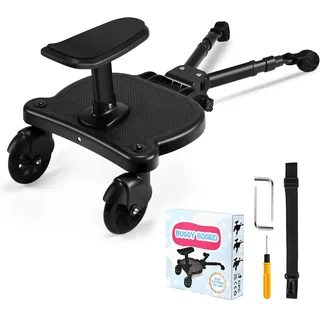Buggy Board, Trittbrett für Kinderwagen Universal, Buggy Board für Alle Kinderwagen, Kiddy Board mit Sitz, für Kinder von 2 bis 6 Jahren, Maximale Belastung 25 KG (schwarze Räder)