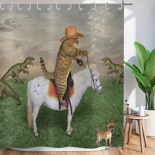 ASDCXZ Duschvorhang Lustig 180x220 cm, West Cowboy Bauernhof Lustig Katze Fahrt Pferd Waschbar Textil Badezimmer Vorhänge Polyester Wasserdicht Duschvorhänge für Badewanne mit 12 Duschvorhang Hake