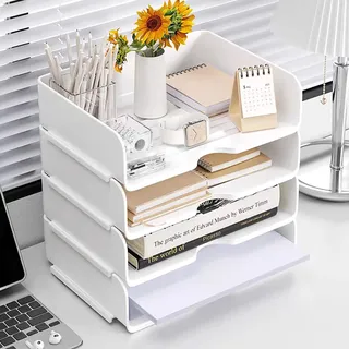 Schreibtisch Organizer und Lagerung, 4-Tier Papier Brief Tray Organizer, stapelbare weiße Desktop Organizer, Ablagefächer Stapelbar Bestellung für Dokumente,Papier, Buch Magazin Lagerung, Bürobedarf