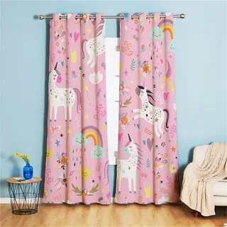 Koudi Kinder Rosa Vorhänge Einhorn Sterne Gardinen mit Ösen für Mädchenzimmer, Kinderzimmer, Babyzimmer 240 × 132cm (H × B)