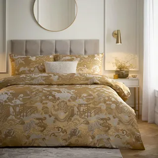 Paoletti Baransu Bettbezug Set – Luxus Jacquard Orientalisch Strukturierte Bettwäsche (Gold – Doppelbett – 200x200cm)