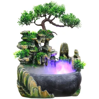 Ejoyous Wasserfall, Zimmerbrunnen mit LED Beleuchtung, Tischbrunnen Wasserfall mit Nebel, Zen Light Zimmerbrunnen mit Pflanzen, luftbefeuchter Dekoration 20 x 20 x 13 cm