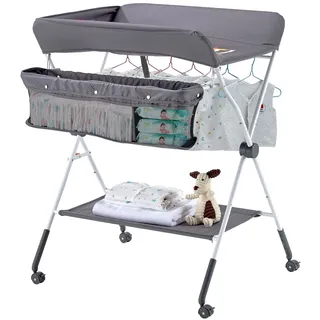 Vevor Wickeltisch, faltbare Wickelstation mit Seitenkorb, höhenverstellbarer tragbarer Wickeltisch mit feststellbaren Rädern, multifunktionaler Aufbewahrungs-Organizer fürs Kinderzimmer, dunkelgrau