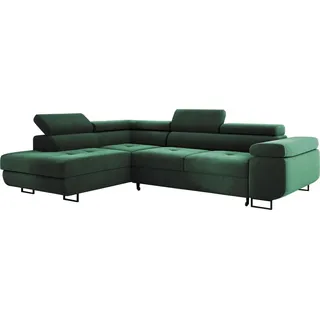Ecksofa MONTANA 202x277 cm, Wohnlandschaft L-Form, Eckcouch mit Schlaffunktion und Bettkasten, Polsterecke, Samt Sofa, Couch - Links Grün MH37 - Grün
