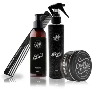 Charlemagne Haarpflege Bundle – Matte Pomade, Koffein Shampoo, Sea Salt Spray, Haarstyling Carbon Kamm - Geschenk Set für Männer - Haarstyling Set - Meersalz Spray für Haare - Seasaltspray