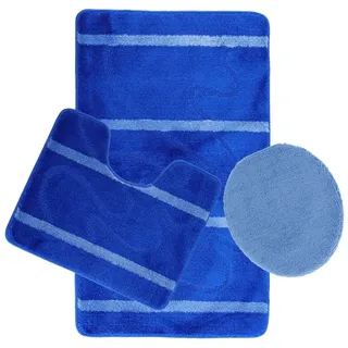Almina 3-Teilig Bad Garnitur Badematte Badvorleger Wasser absobierend Kleine Streifenmuster rutschfest Blau