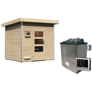 Karibu Gartensauna Pultdach Saunahaus Norge-9 kW Ofen inkl. Steuergerät-Moderne Saunatür (Klarglas)