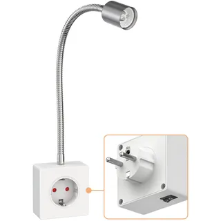 ledscom.de Steckdosenleuchte/Leselampe LESCH, Schwanenhals, Schalter, chrom/weiß, 1x GU10 max. 10W