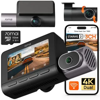 70mai 4K T800 3 Kanal Dashcam Vorne Hinten Innen(2160P+2160P+1080P), Dual STARVIS 2 IMX678 3 HDR Dashcam Auto mit 512GB SD Karte, 4G LTE, KI-Bewegungserkennung, Nachtsicht, 24H Parküberwachung, ADAS