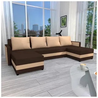 Gepolsterte, universell einsetzbare, ausziehbare Eckgarnitur in U-Form BRISTOL braun/beige - Braun/Beige