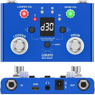 LEKATO Drum Looper Pedal mit Stimmgerät, 4 Loops, 11 Minuten Loop Pedal mit Drumcomputer 30 Trommeln mit App zum individuellen Bearbeiten und Speichern für E-Gitarre und Bass, Tempo klopfen