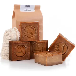 Natura Germania® Aleppo Seife 5x 60% Olivenöl, 40% Lorbeeröl + Sisal Seifensäckchen | - Haarseife, Naturseife, Duschseife | Handarbeit + Vegan