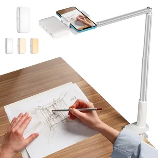 yAyusi Overhead Stativ Handy mit Ringlicht, LED Ringlicht mit Stativ Handy, Batteriebetriebenes Dimmbare 15 Helligkeiten LED Tischringlicht für Unboxing-Video, Live-Streaming, Videoaufnahme (Weiß)