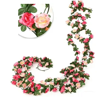 DINGFENG Blumengirlande (3er Pack) - 2,45m Künstlich Rosenblüten Girlande Hochzeit Dekoration in Pink & Magenta Outdoor | Wetterfeste Blumen Girlande Set für Balkon, Blumenwand & Türkranz Sommer
