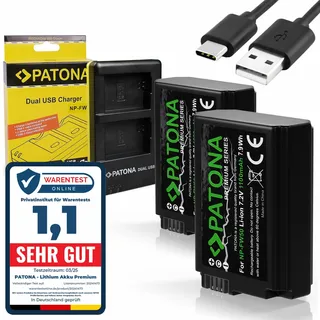 PATONA Set - Dual Ladegerät USB-C mit 2x NP-FW50 Premium Akku, 1100mAh | Kompatibel mit Sony Alpha 7 7R 7II 7S A5000 A6000 A6300 A6400 A6500 ZV-E10 DSC RX10 Mark II III IV RX1R III DSC-RX1RM3