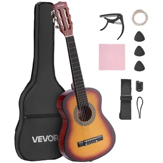 Vevor Konzertgitarre, 780 mm, Holz-Klassikgitarren-Starter-Set für Anfänger, mit Nylonsaiten, Gigbag, Gurt, Stimmgerät, zusätzlichen Saiten, Plektrum, Kapodaster, Linde, für Einsteiger, Sunburst