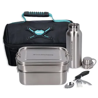 Toolbrothers Fan Lunchpaket in Makita Kühltasche mit Edelstahl Brotdose mit 2 Etagen und Edelstahl Deckel 1340 ml + Edelstahl Trinkflasche 500 ml + 4 in 1 Multifunktions Besteck