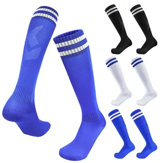 Meifiyu 3 Paar Stutzen Kinder Fußball, Fussball Socken Kinder, Fußballsocken Kinder, Fussball Stutzen Kinder, Fussballsocken Kinder, Kinder Fußball, Fussballstutzen Kinder (Blau, Schwarz, Weiß) - S-XXL