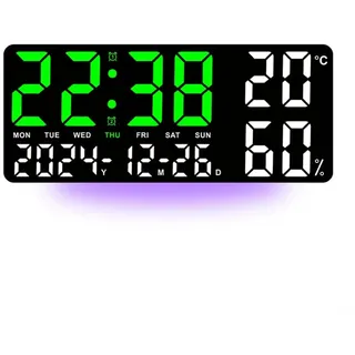 Digitale Uhr, LED-Digital-Wanduhr, 35 cm, großes Display, Temperatur- und Feuchtigkeitsmonitor, Dual-Alarme, Kalender für Wohnzimmer, Schlafzimmer, Büro (D)