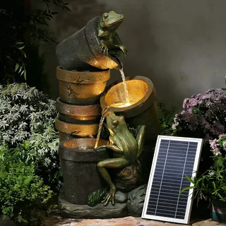 Solar Springbrunnen für Außen,3-stufiger Kaskaden-Frosch Kaskaden Solar Springbrunnen Gartenbrunnen mit LED-Beleuchtung für Drinnen und Draußen,Garten,Balkon,Terrasse,69×36.5×40cm