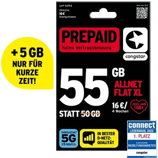 Congstar Prepaid ALLNET XL: 55 statt 50 GB Datenvolumen & Flatrate für Telefonie und SMS 5G-Speed, EU-Roaming