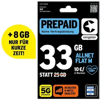 congstar Prepaid Allnet M: 33 GB Datenvolumen & Flatrate für Telefonie und SMS, 5G-Speed, EU-Roaming