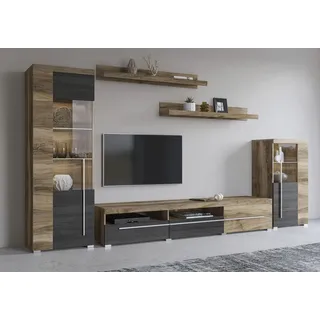OTTO home Wohnwand OTTO HOME "Roger,Breite 270 cm moderne Mediawand ohne Beleuchtung", braun (satin nussbaumfarben, schwarzwood), B:270cm, ABS-Kunststoff, Glas, Holzwerkstoff, Metall, Kastenmöbel-Sets, Wohnwand, Anbuwand (Set,5-St) viel Stauraum, Vitrinen mit 