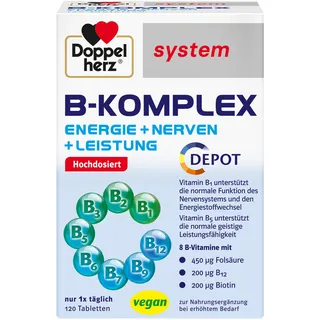Doppelherz system B-KOMPLEX – ENERGIE + NERVEN + LEISTUNG – B-Vitamine unterstützen die normale Funktion des Nervensystems und den normalen Energiestoffwechsel – 120 Tabletten