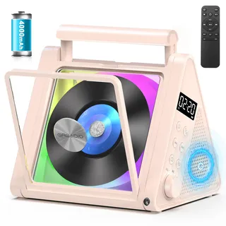 Greadio CD Player Tragbar, 4000mAh Wiederaufladbarer FM Radio mit Stereoanlage und Bluetooth 5.3,USB,AUX, Fernbedienung,2 * 10W-HiFi-Sound-Lautsprecher,RGB-Farbige Lichter MP3 CD Player Kinder (Rosa)