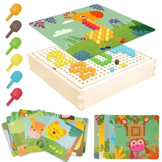 Yuragim Mosaik Steckspiel Spiele ab 2 3 4 5 Jahre, Holz Steckspiel Montessori Spielzeug mit 240 Steckperlen 10 Karten Kreatives Pädagogisches Lernspielzeug Geschenk für Kinder Mädchen Jungen