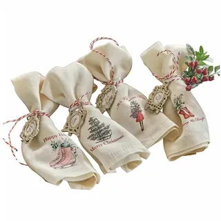 Loberon Serviette 4er Set Merry & Bright, Dekorative Weihnachtsmotive, Festliche Tischdekoration, Nachhaltig & Stimmungsvoll, Weihnachtsdeko, Weihnachtliche Textilien, Leinen, weiß/rot