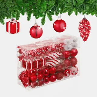 Relaxdays Weihnachtskugeln 72er Set, glitzernde, Matte & glänzende Baumkugeln, Stiefel, Herz & Zapfen, Kunststoff, Farbe